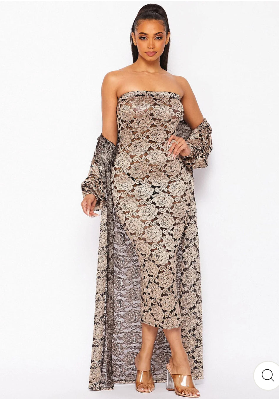 Rosé Gold Luxe Lace Set – Strapless Dress & Duster Combo