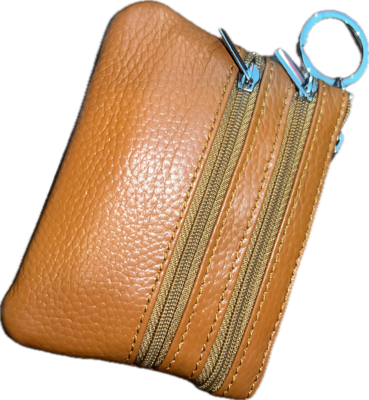 Genuine Leather Triple-Zip Wallet with Keychain
